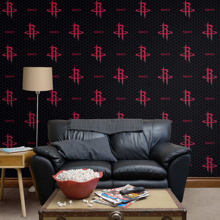 Houston Rockets (Black) - Logo Pattern - Peel & Stick Wallpaper - Official NBA - Reusable Vinyl Wall Decals