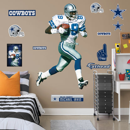 Life-Size Athlete + 11 Decals You can show off your love for NFL legend and Hall of Famer Michael Irvin with this high-quality wall decal. Wearing his iconic number 88 Dallas Cowboys jersey, this decal shows off The Playmaker leaving defenders in the dust! Luckily, you won't have to worry about trying to tackle Irvin yourself - this wall decal can be easily applied and removed from almost any surface. How 'bout them Cowboys?!