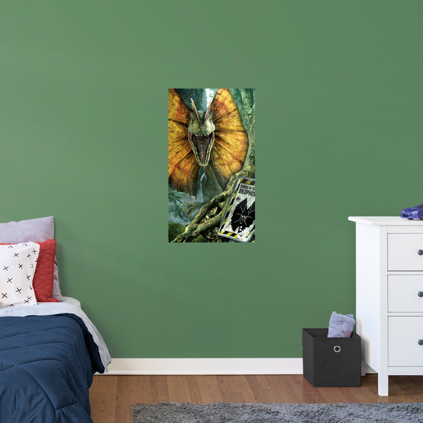 Jurassic World Dominion: Dilophosaurus Biosyn Forest Beware Poster - Officially Licensed NBC Universal Removable Adhesive Decal