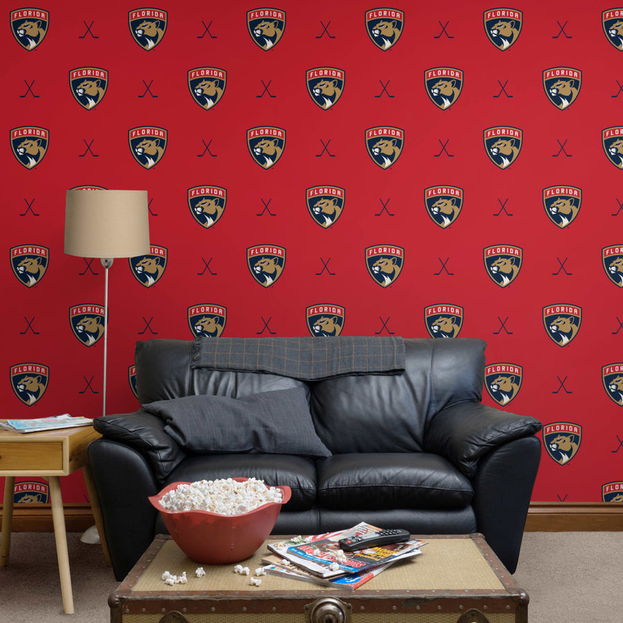 Florida Panthers (Red) - Sticks Pattern - Peel & Stick Wallpaper - Official NHL - Reusable Vinyl Wall Decals