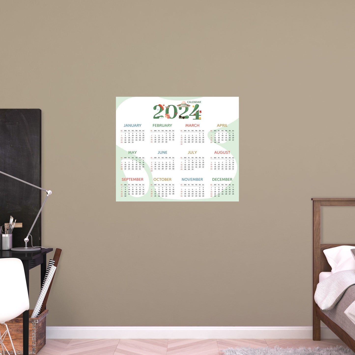 2024 Calendar:  Cactus Dry Erase        -   Removable     Adhesive Decal