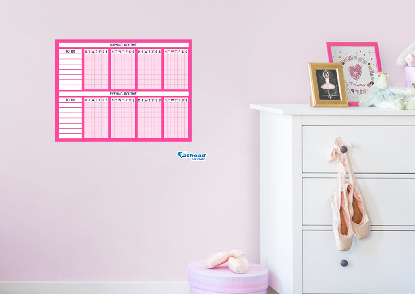 Chart:  Pink Routine Chart Dry Erase        -   Removable     Adhesive Decal