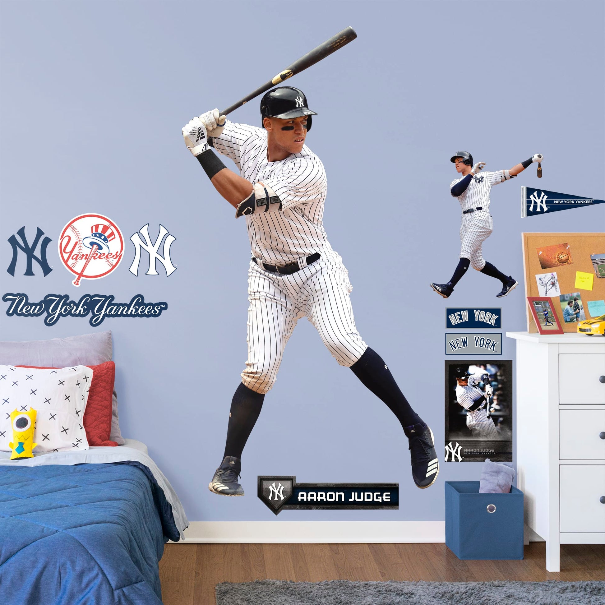 X-Large Athlete + 2 Decals (21"W x 39"H) Feed your inner sports fanatic with this unique Aaron Judge wall decal. Perfect for unseasoned Yanks or lifelong season-ticket holders, the reusable image of the 2017 Rookie of the Year pick can be moved from room to room with ease. The verdict is in: this adhesive graphic is perfect die-hard fans of The Judge.