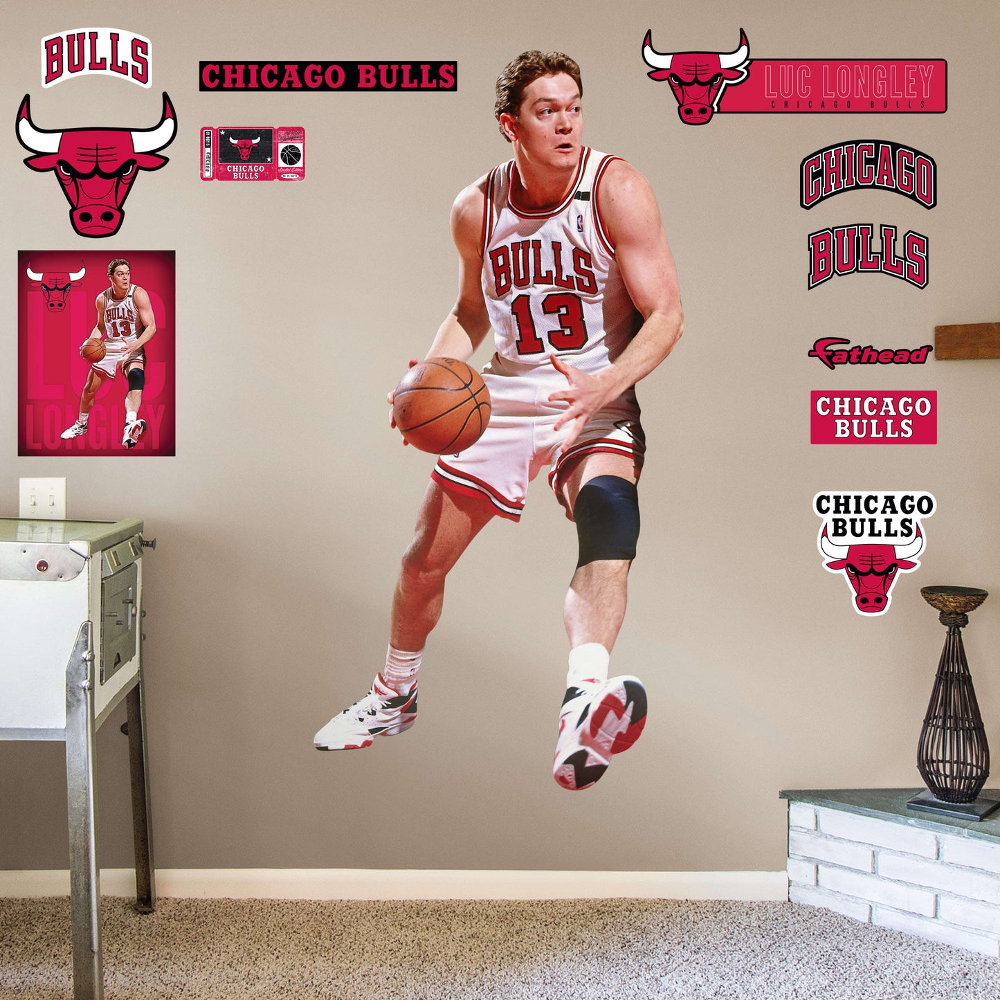 Luc Longley for Chicago Bulls - NBA Removable Wall Decal Giant Athlete + 2 Wall Decals 25W x 51H