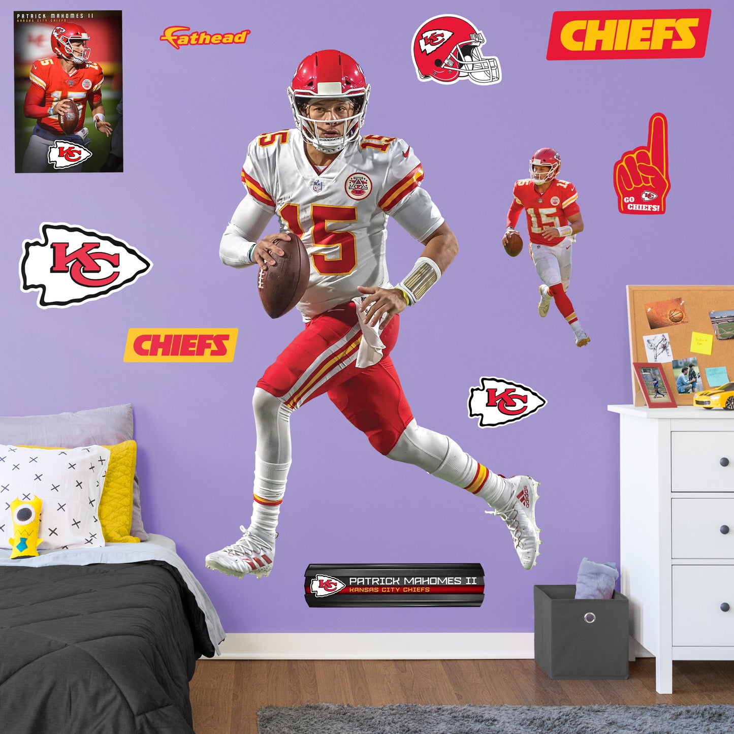 Life-Size Athlete + 10 Decals (47"W x 74"H) Bring the action of the NFL into your home with a wall decal of Patrick Mahomes! High quality, durable, and tear resistant, you'll be able to stick and move it as many times as you want to create the ultimate football experience in any room!