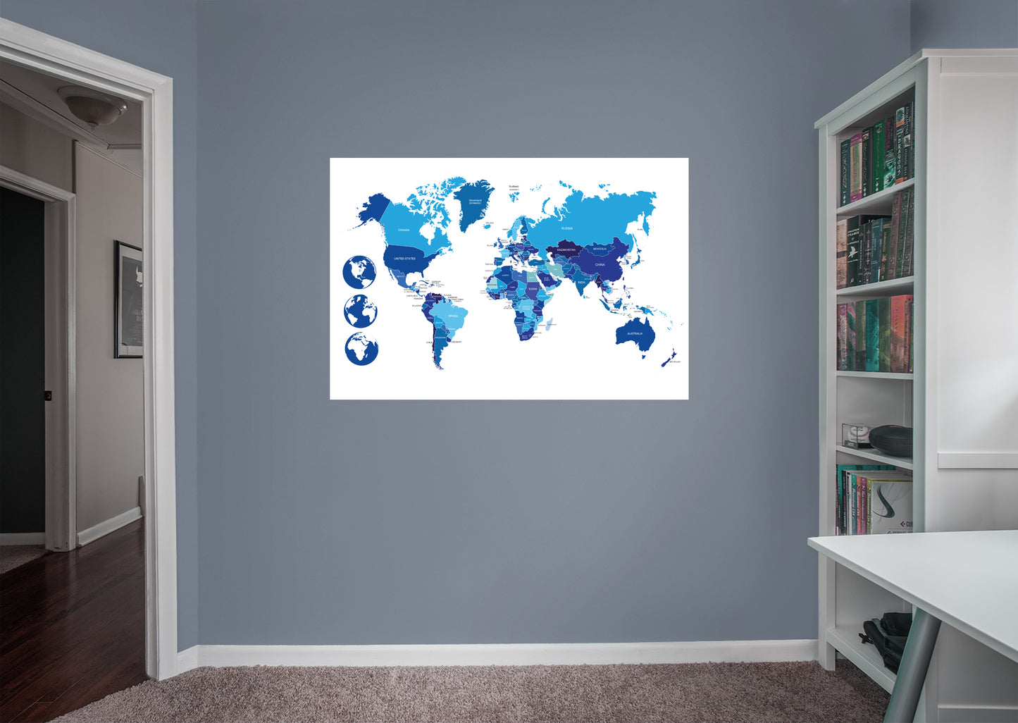 World Maps:  Map with Globes Mural        -   Removable Wall   Adhesive Decal