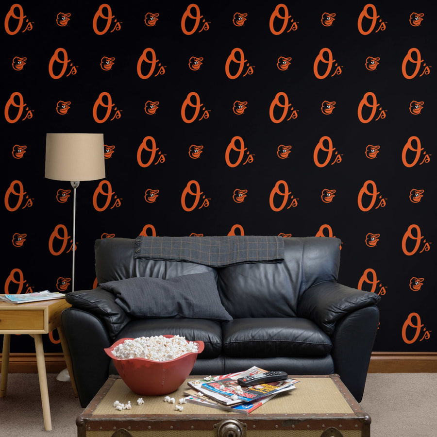 Baltimore Orioles (Black) - Logo Pattern - Peel & Stick Wallpaper - Official MLB - Reusable Vinyl Wall Decals