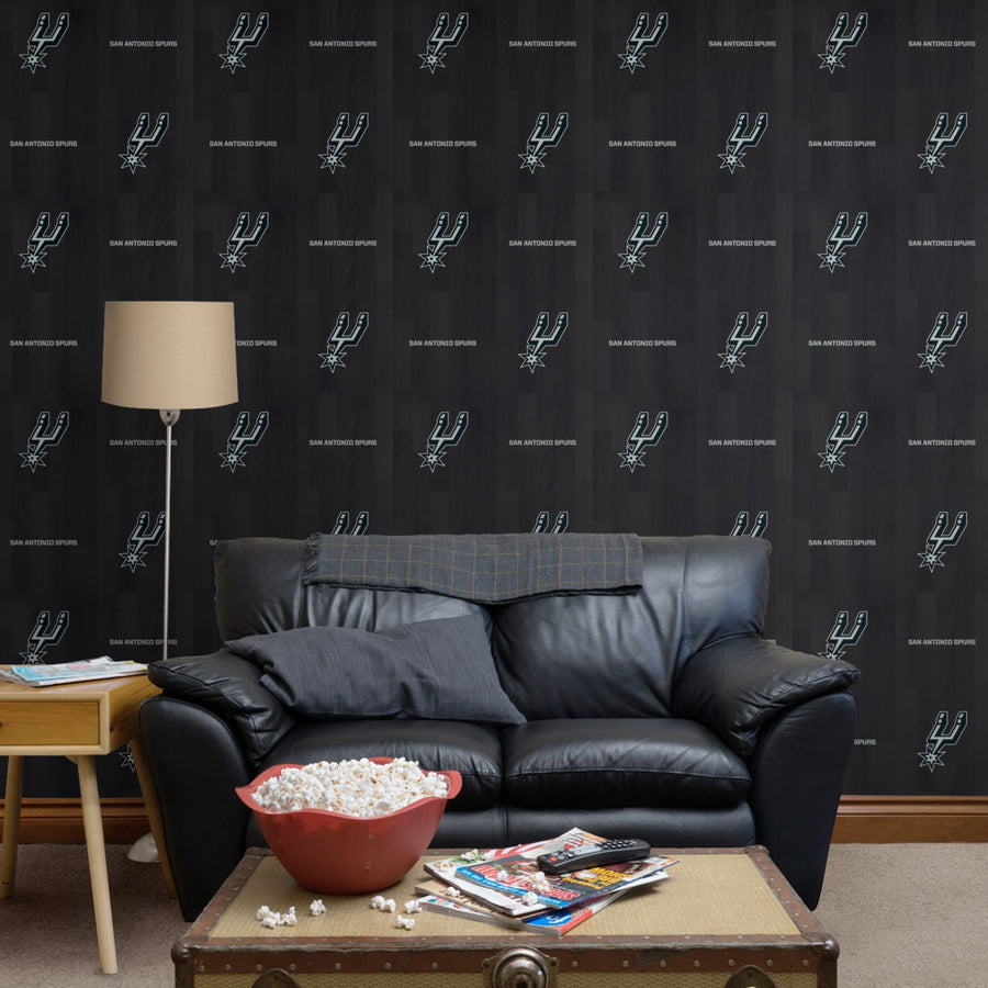 San Antonio Spurs (Black) - Hardwood Pattern - Peel & Stick Wallpaper - Official NBA - Reusable Vinyl Wall Decals