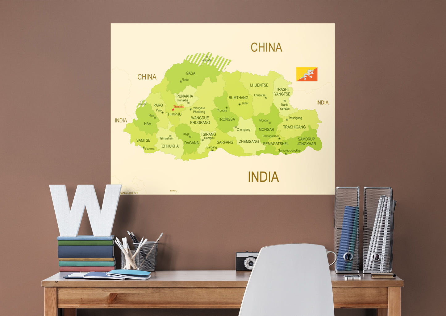 Maps of Asia: Bhutan Mural        -   Removable Wall   Adhesive Decal