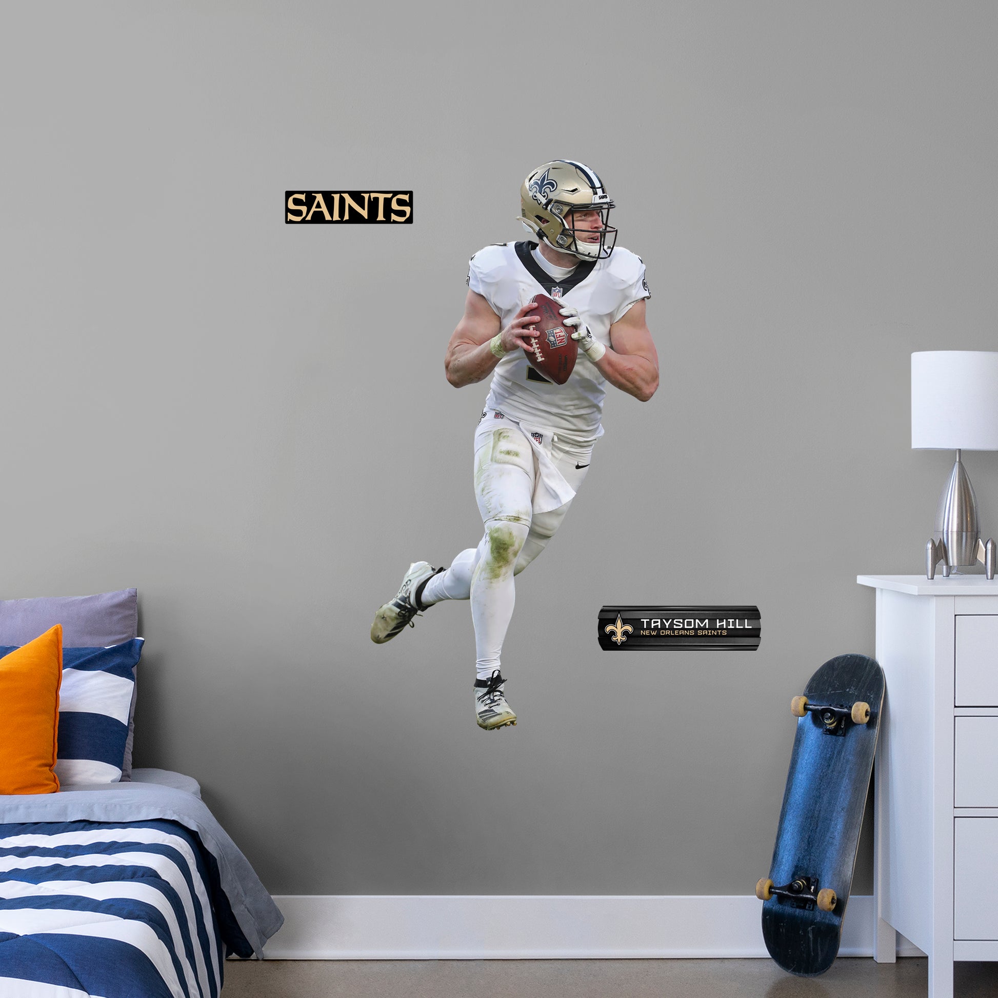 Giant Athlete + 2 Decals (26"W x 51"H) Bring the action of the NFL into your home with a wall decal of Taysom Hill! High quality, durable, and tear resistant, you'll be able to stick and move it as many times as you want to create the ultimate football experience in any room!
