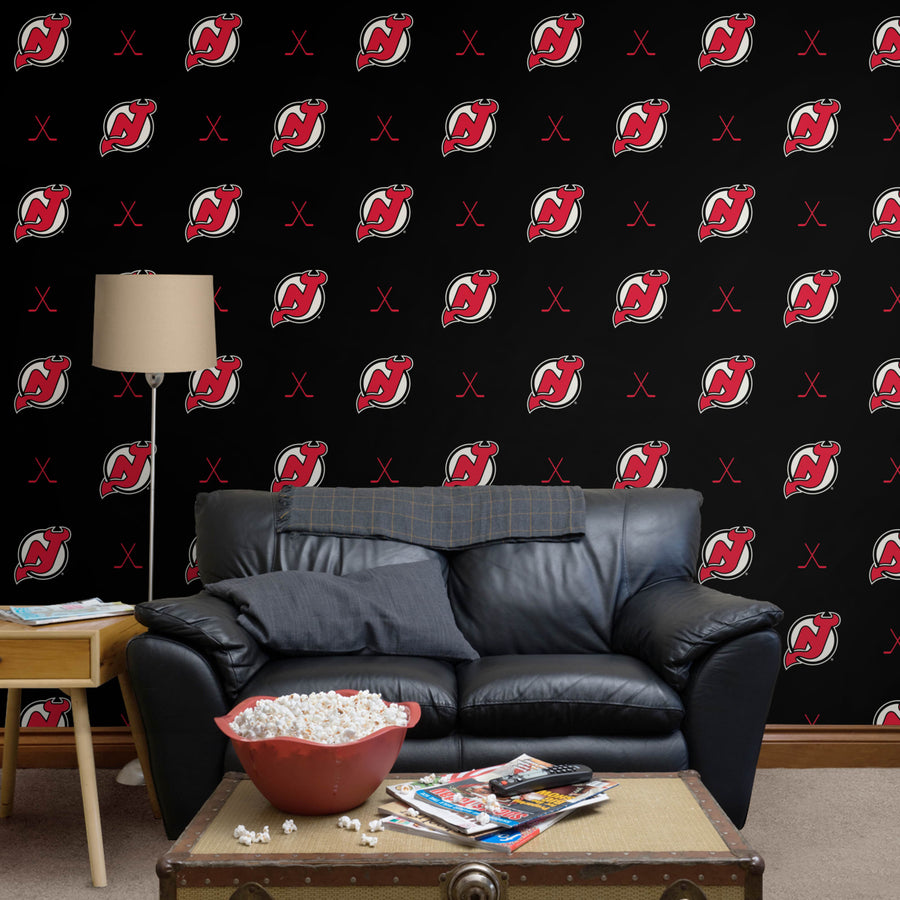 New Jersey Devils (Black) - Sticks Pattern - Peel & Stick Wallpaper - Official NHL - Reusable Vinyl Wall Decals