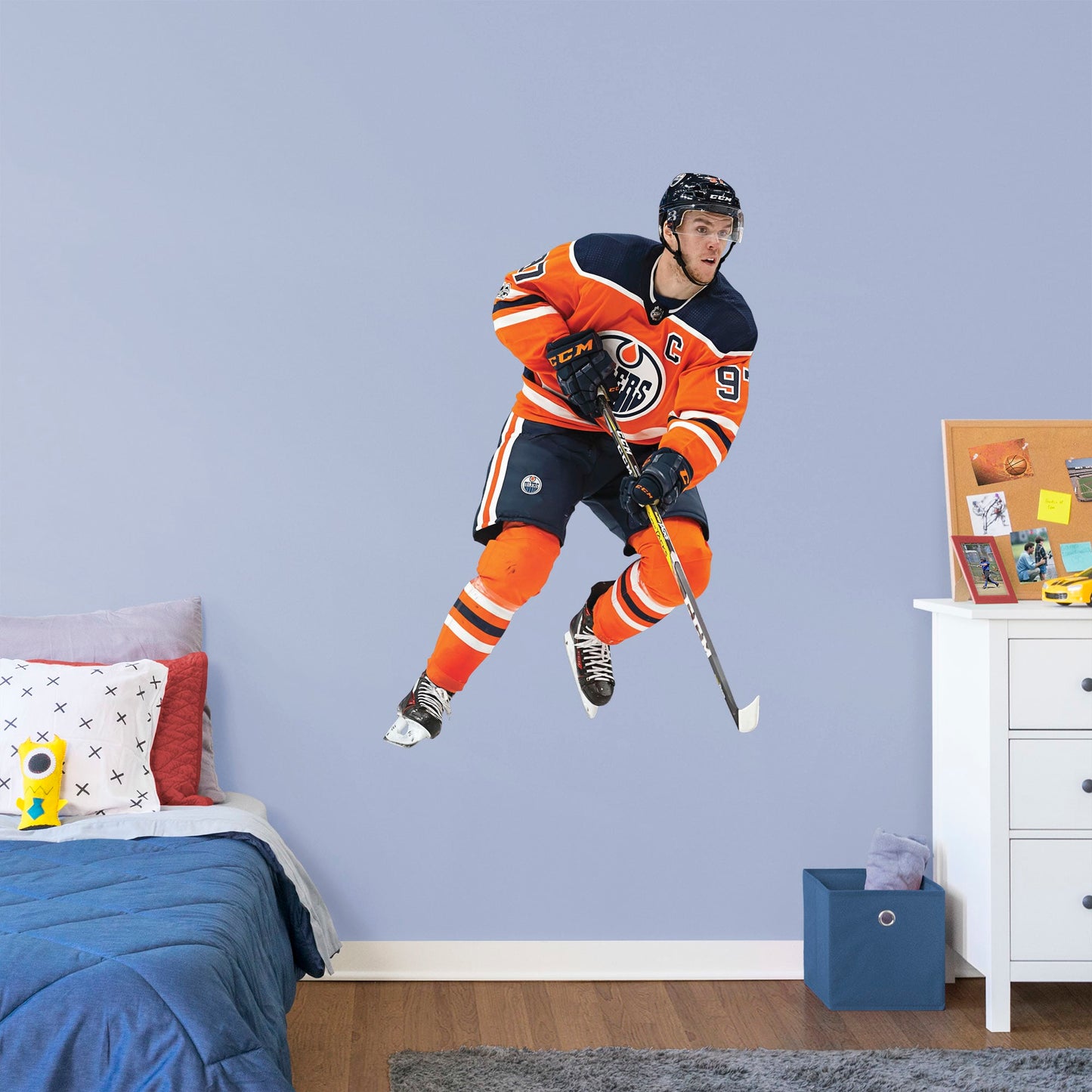 Giant Athlete + 2 Decals (33"W x 51"H) Prep to rep team captain McDavid and the Edmonton Oilers to another championship with this quality reusable logo collection. Nicknamed "McJesus" for his skill, this 1st overall 2015 NHL draft pick has scored many awards including the Hart Memorial Trophy. You'll be singing, "Oh, Canada," along with the team at Rogers Place when you post this durable logo in the home, office, or man-cave. O, Canada, we stand on guard for thee (and Connor McDavid!).