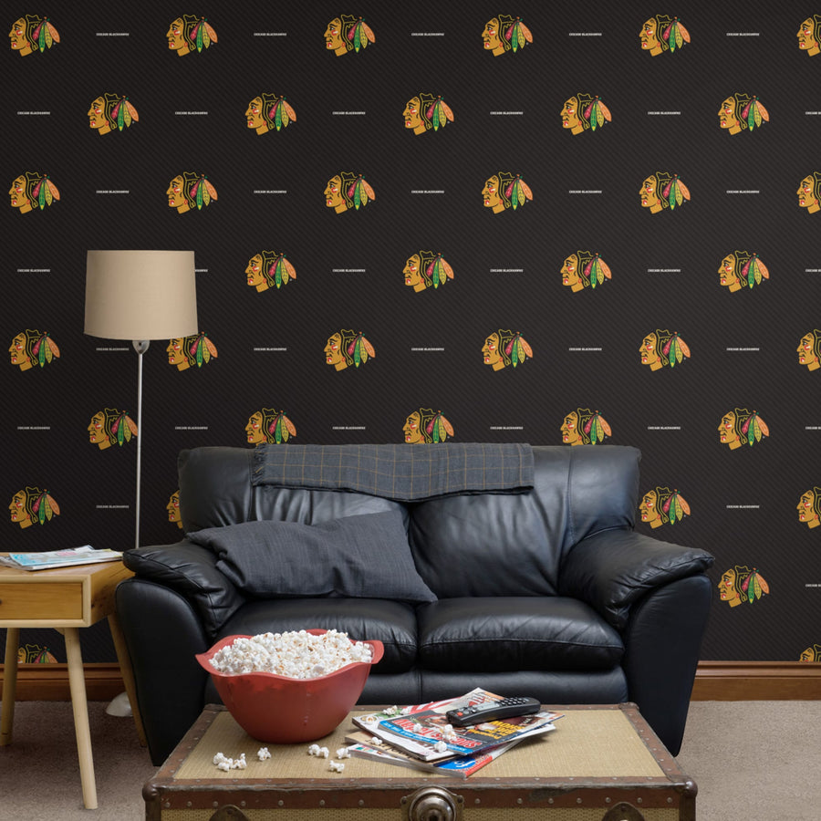 Chicago Blackhawks (Black) - Stripes Pattern - Peel & Stick Wallpaper - Official NHL - Reusable Vinyl Wall Decals