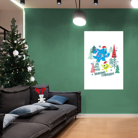 Monsters Inc Festive Cheer: Sulley & Mike Dashing Through Mural - Officially Licensed Disney Removable Adhesive Decal