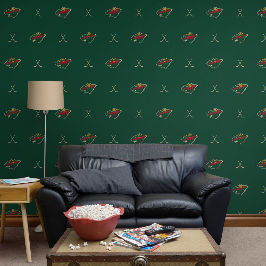 Minnesota Wild (Green) - Sticks Pattern - Peel & Stick Wallpaper - Official NHL - Reusable Vinyl Wall Decals
