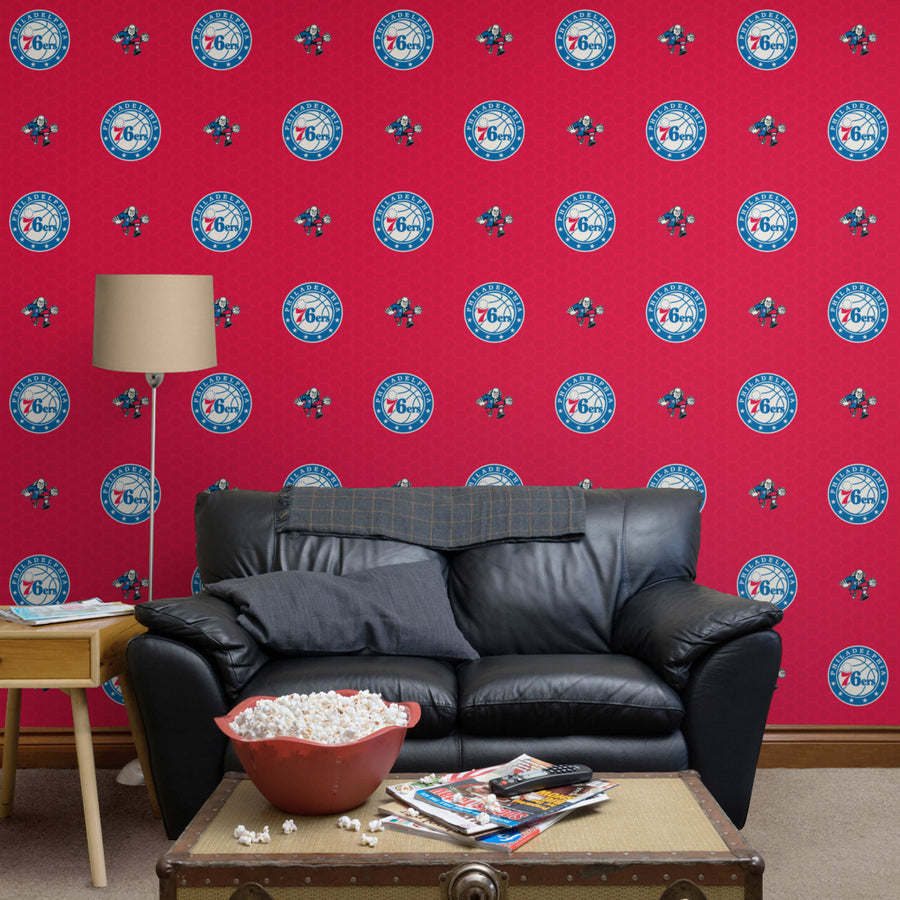 Philadelphia 76ers (Red) - Logo Pattern - Peel & Stick Wallpaper - Official NBA - Reusable Vinyl Wall Decals