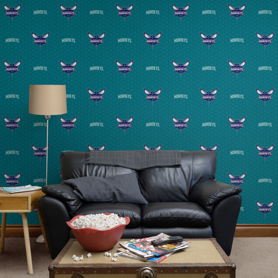 Charlotte Hornets (Teal) - Logo Pattern - Peel & Stick Wallpaper - Official NBA - Reusable Vinyl Wall Decals