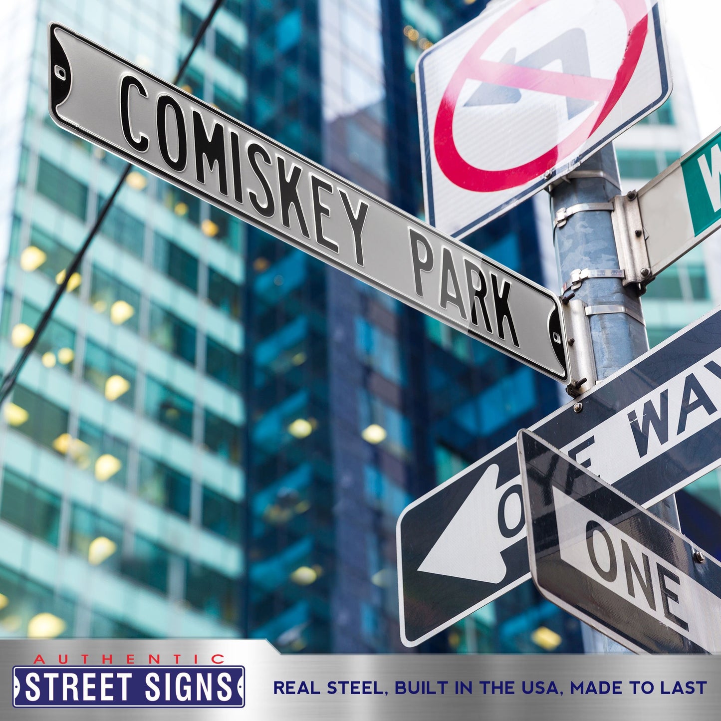 Chicago White Sox Steel Street Sign-COMISKEY PARK on Silver