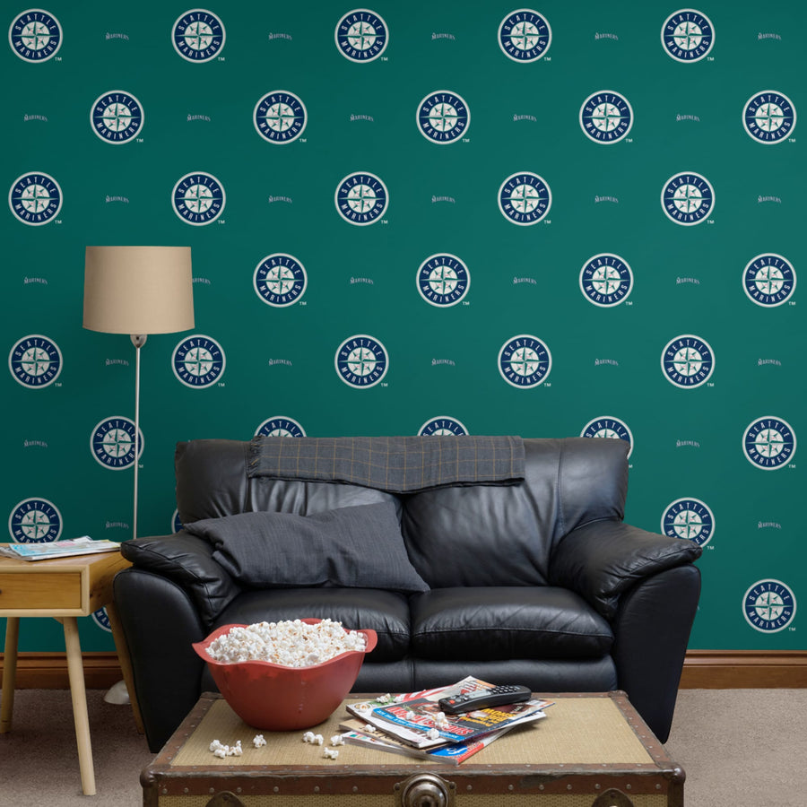 Seattle Mariners (Teal) - Logo Pattern - Peel & Stick Wallpaper - Official MLB - Reusable Vinyl Wall Decals