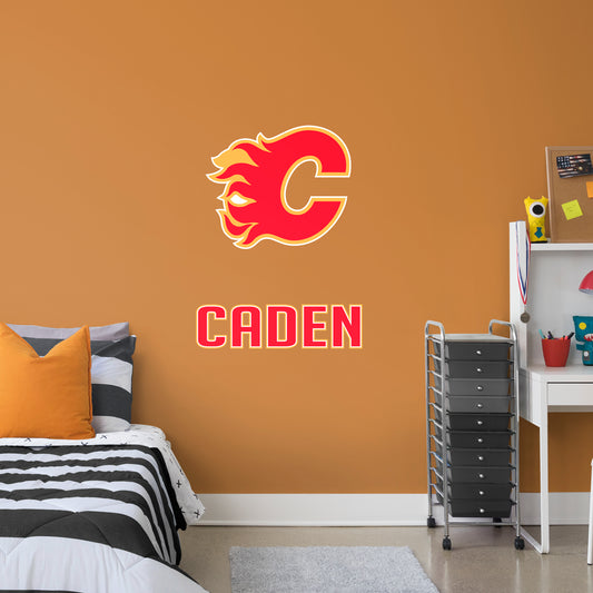 Calgary Flames  Stacked Personalized Name Red Text PREMASK  - Officially Licensed NHL Removable Wall Decal