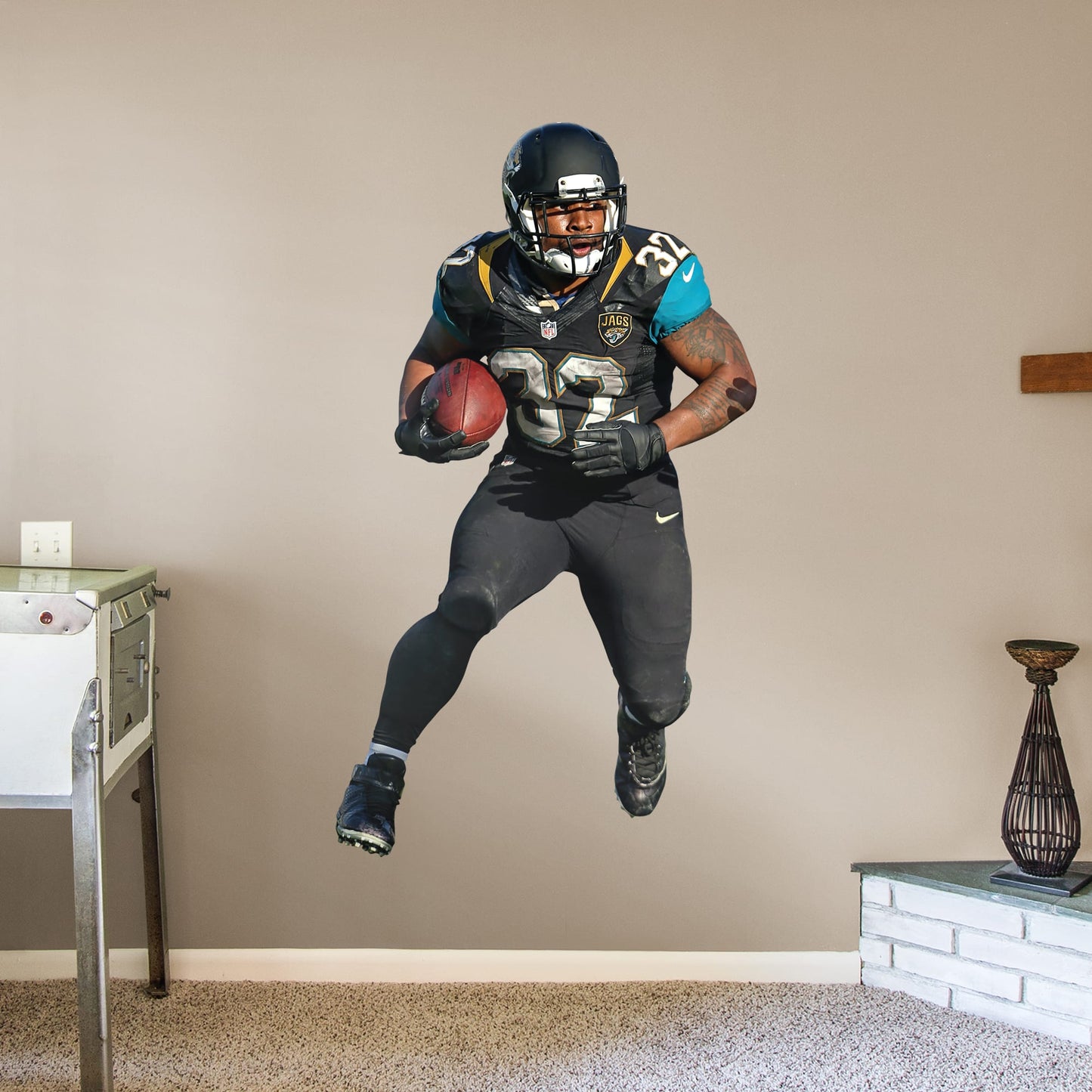 Life-Size Athlete + 2 Decals (40"W x 70"H) Bring the action of the NFL into your home with a wall decal of Maurice Jones-Drew! High quality, durable, and tear resistant, you'll be able to stick and move it as many times as you want to create the ultimate football experience in any room!