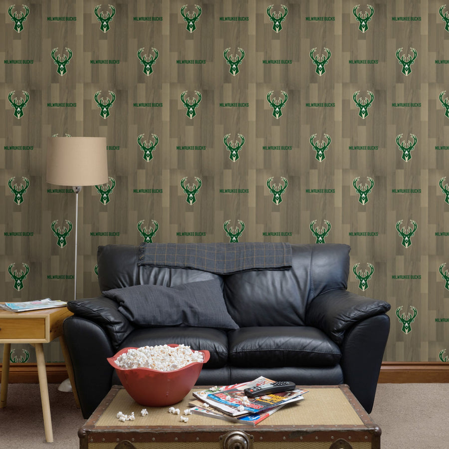 Milwaukee Bucks (Beige) - Hardwood Pattern - Peel & Stick Wallpaper - Official NBA - Reusable Vinyl Wall Decals