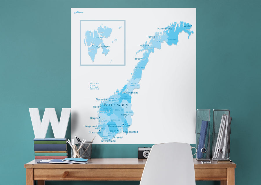 Maps of Europe: Norway Mural        -   Removable Wall   Adhesive Decal