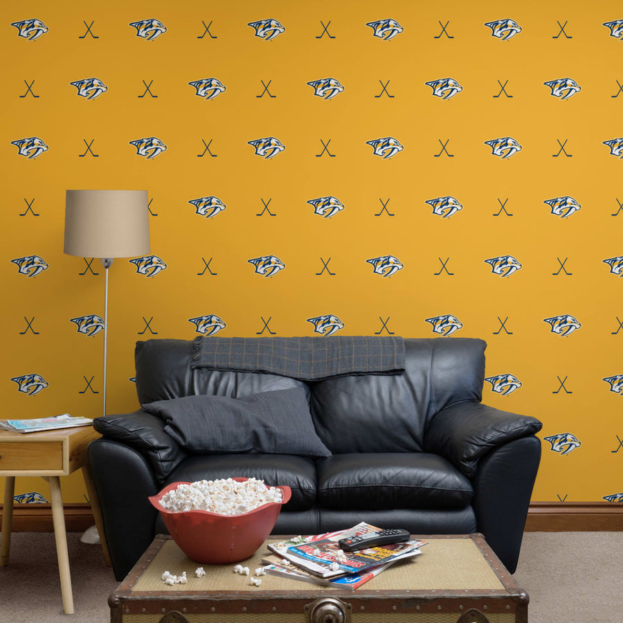 Nashville Predators (Yellow) - Sticks Pattern - Peel & Stick Wallpaper - Official NHL - Reusable Vinyl Wall Decals