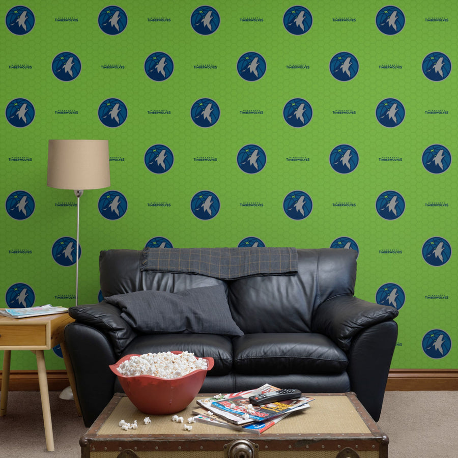 Minnesota Timberwolves (Green) - Logo Pattern - Peel & Stick Wallpaper - Official NBA - Reusable Vinyl Wall Decals