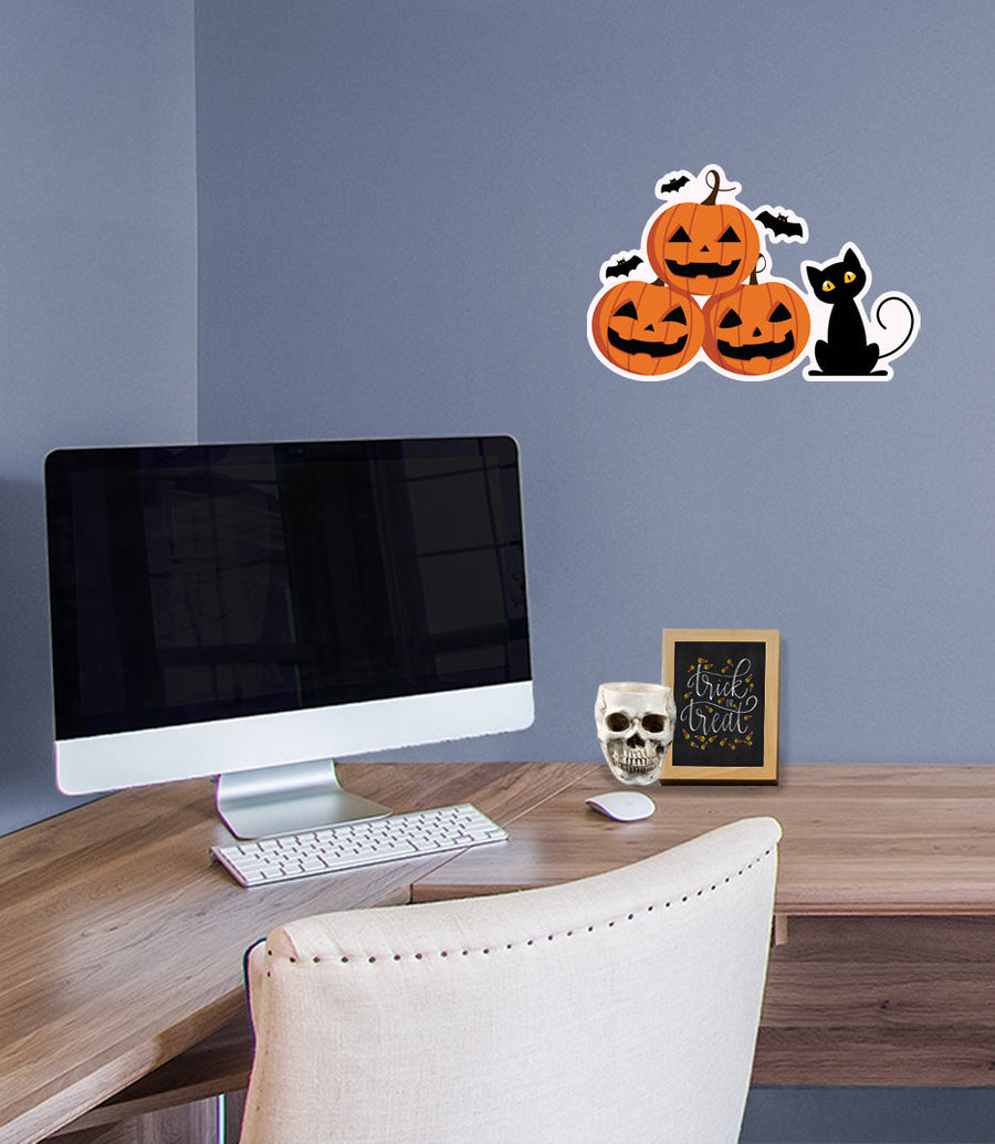 Halloween:  Pumpkins and Black Cat Icon        -   Removable Wall   Adhesive Decal