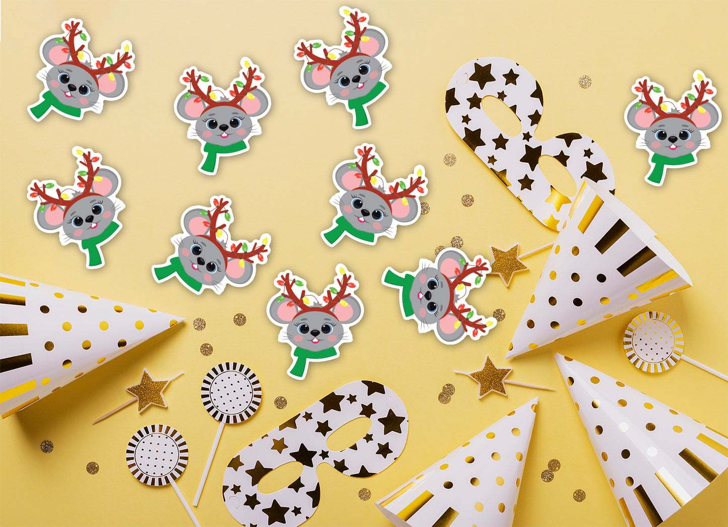 Sheet of 9 - Holiday:  Festive Mouse  Minis   Cardstock Cutout  -      Big Head
