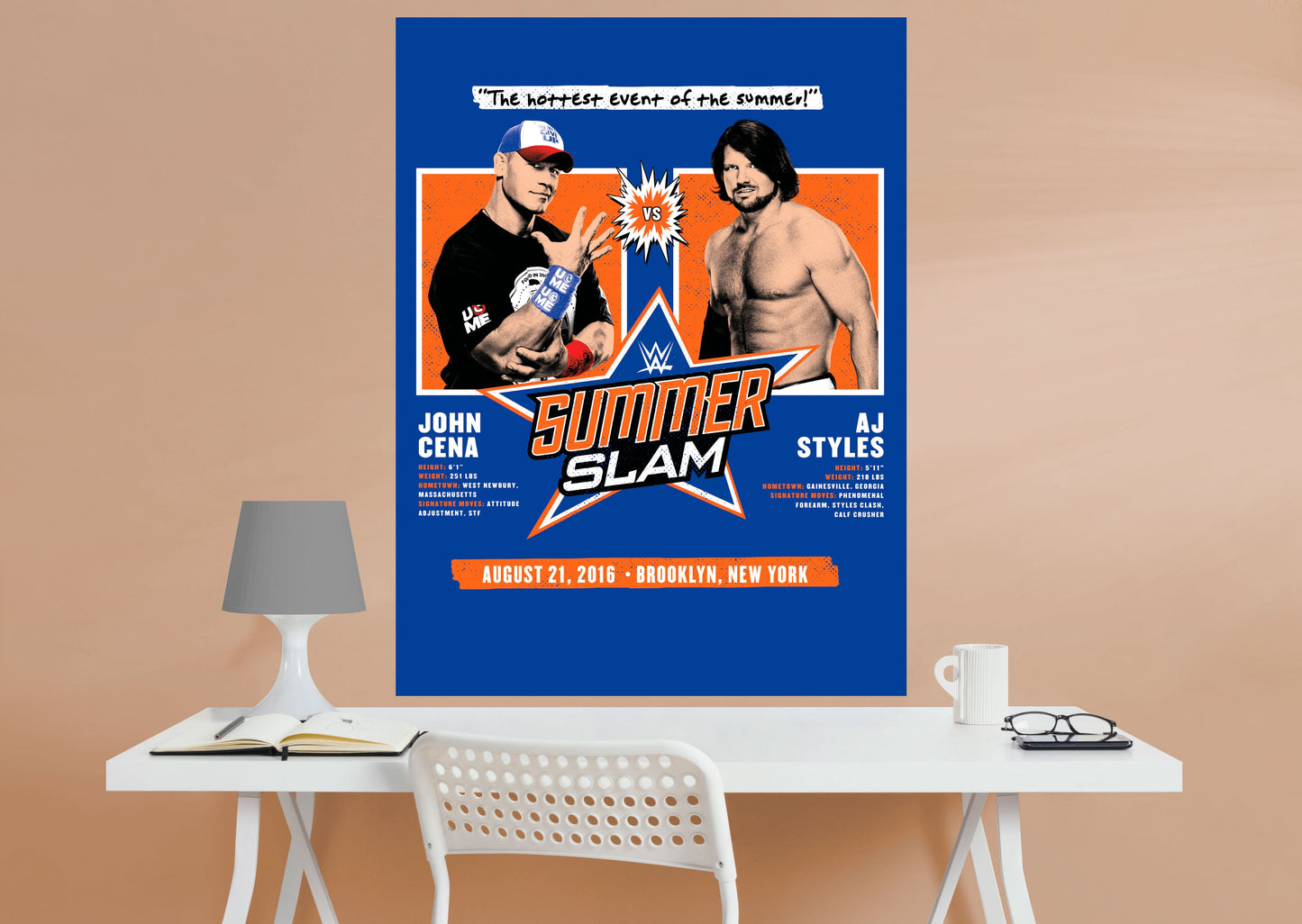 John Cena and AJ Styles Summer Slam 2016 Poster        - Officially Licensed WWE Removable Wall   Adhesive Decal