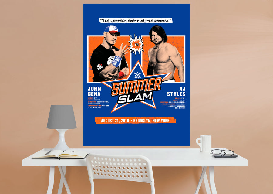 John Cena and AJ Styles - Summer Slam 2016 - Peel & Stick Poster - Official WWE - Reusable Vinyl Wall Decal