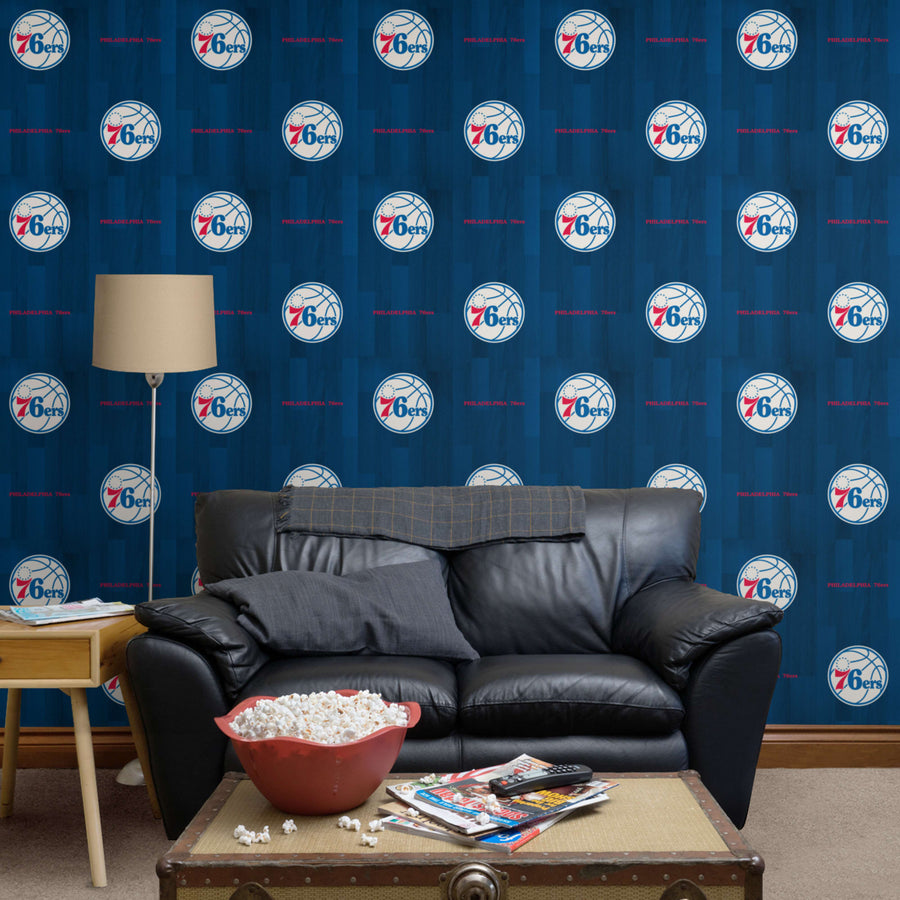Philadelphia 76ers (Blue) - Hardwood Pattern - Peel & Stick Wallpaper - Official NBA - Reusable Vinyl Wall Decals