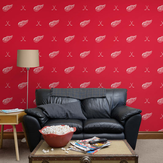 Detroit Red Wings (Red): Sticks Pattern - Officially Licensed NHL Peel & Stick Wallpaper