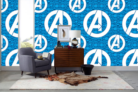 Avengers:  White Logo Blue        - Officially Licensed Marvel  Peel & Stick Wallpaper