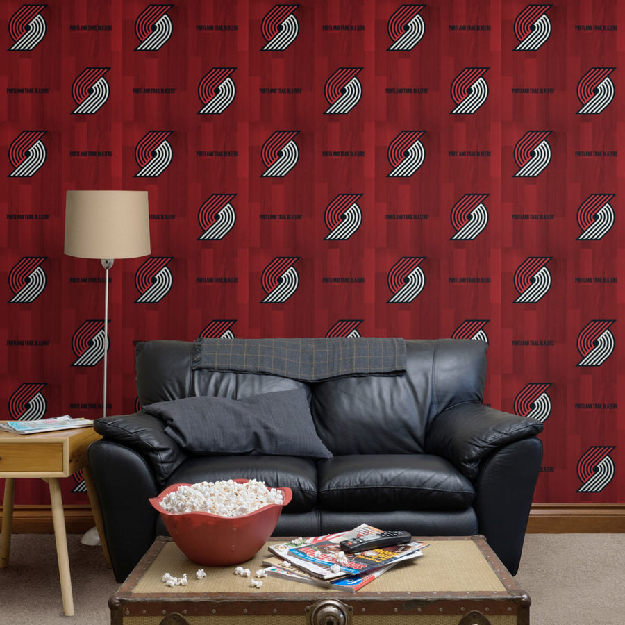 Portland Trail Blazers (Red) - Hardwood Pattern - Peel & Stick Wallpaper - Official NBA - Reusable Vinyl Wall Decals