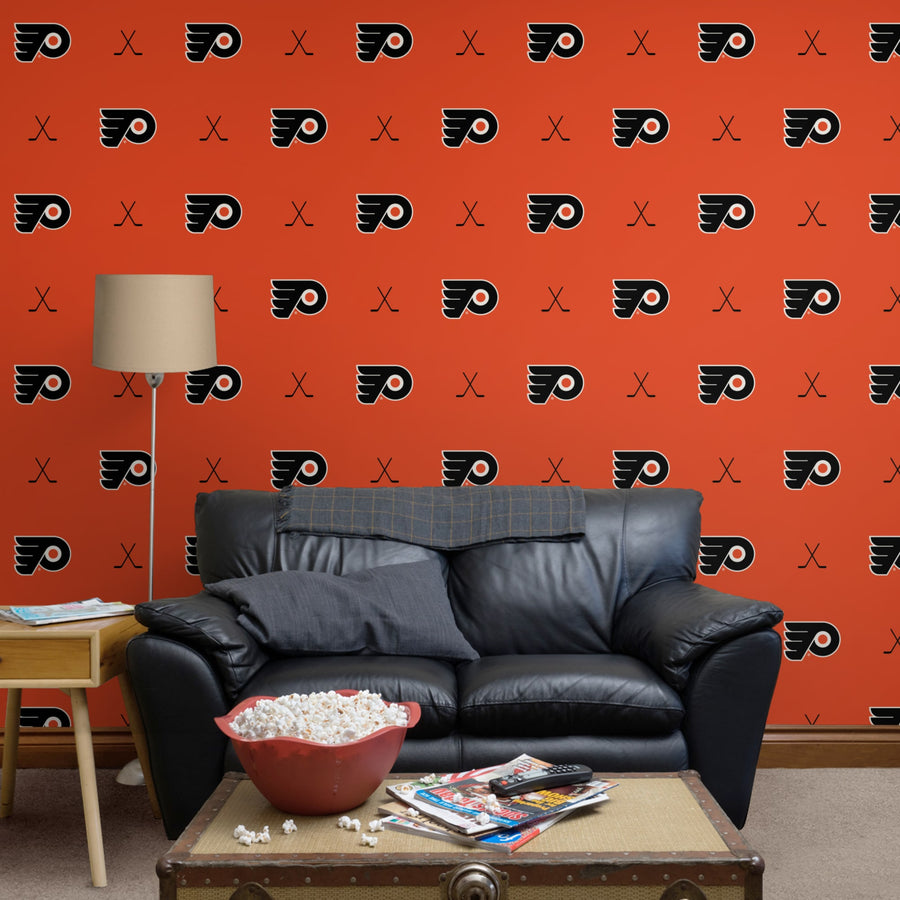 Philadelphia Flyers (Orange) - Sticks Pattern - Peel & Stick Wallpaper - Official NHL - Reusable Vinyl Wall Decals