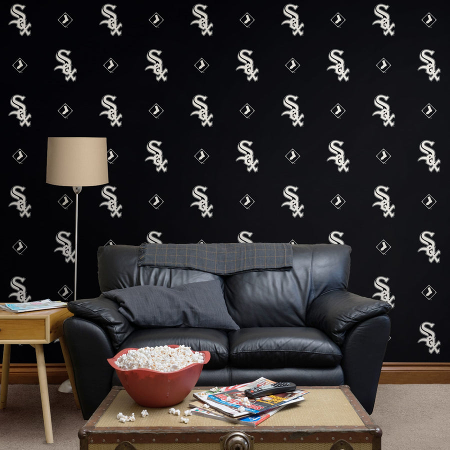 Chicago White Sox (Black) - Logo Pattern - Peel & Stick Wallpaper - Official MLB - Reusable Vinyl Wall Decals
