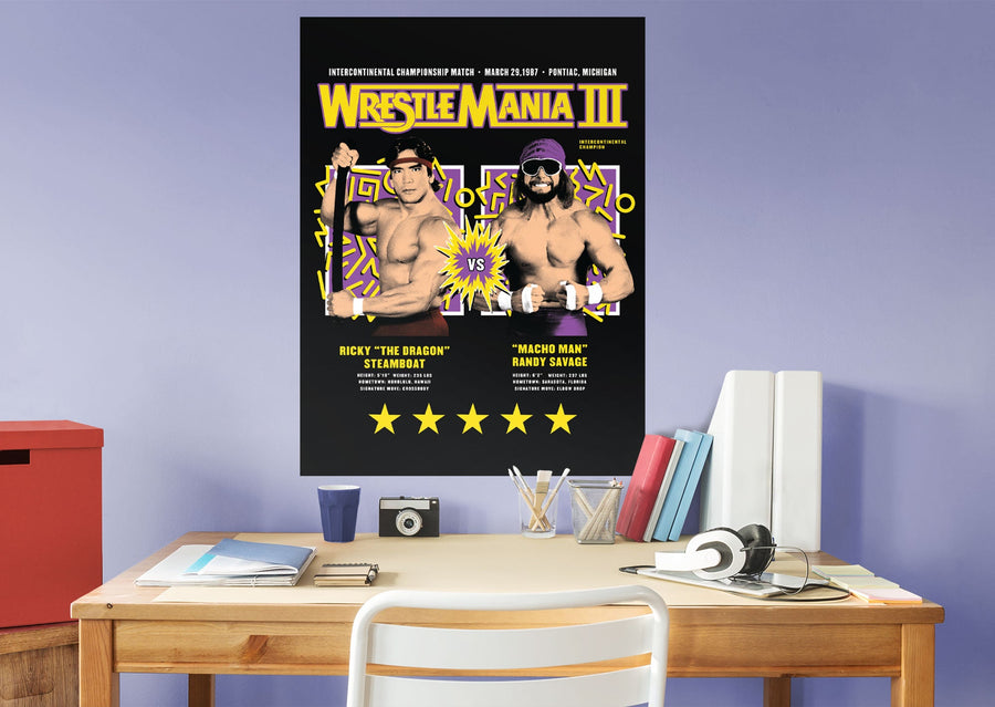 Ricky Steamboat and Macho Man Randy Savage - Wrestlemania 3 - Peel & Stick Poster - Official WWE - Reusable Vinyl Wall Decal