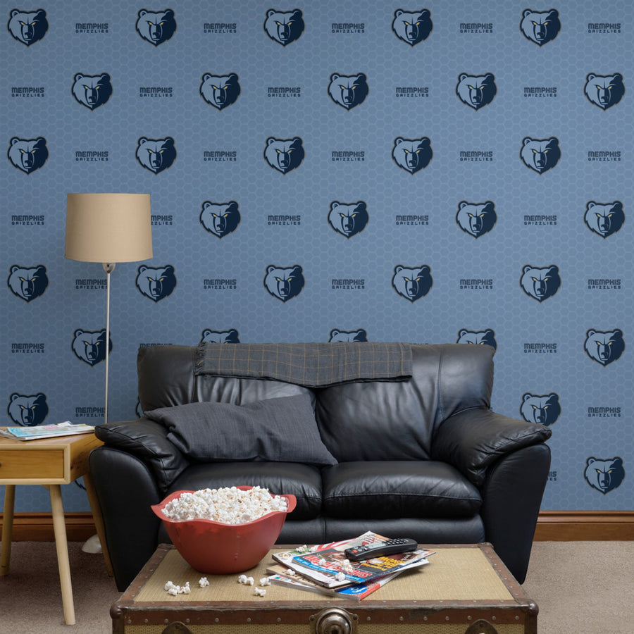 Memphis Grizzlies (Light Blue) - Logo Pattern - Peel & Stick Wallpaper - Official NBA - Reusable Vinyl Wall Decals