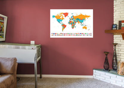 World Maps:  Colored Map and Flags        -   Removable Wall   Adhesive Decal