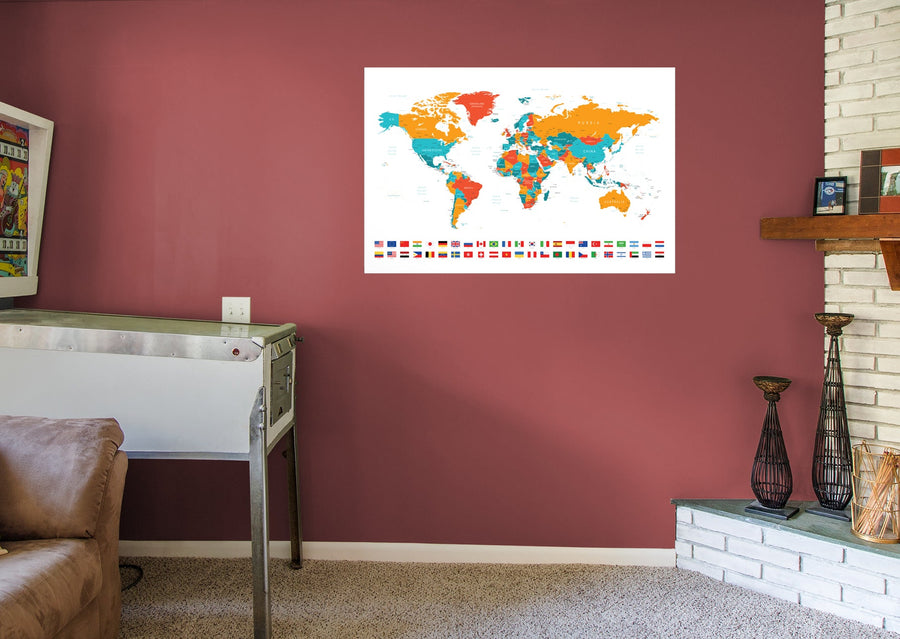 World Maps:  Colored Map and Flags        -   Removable Wall   Adhesive Decal