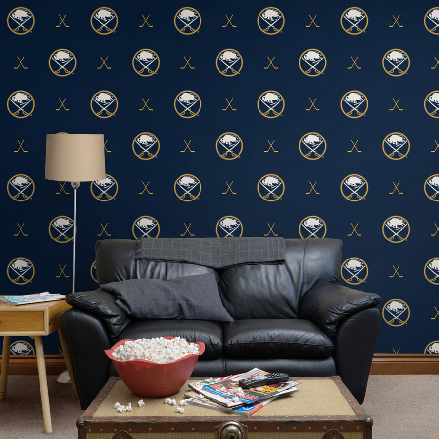 Buffalo Sabres (Blue) - Sticks Pattern - Peel & Stick Wallpaper - Official NHL - Reusable Vinyl Wall Decals