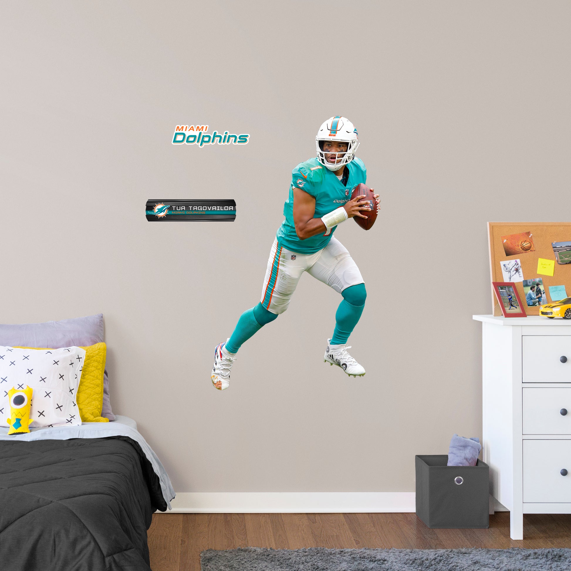 Giant Athlete + 2 Decals (31"W x 51"H) Bring the action of the NFL into your home with a wall decal of Tua Tagovailoa! High quality, durable, and tear resistant, you'll be able to stick and move it as many times as you want to create the ultimate football experience in any room!