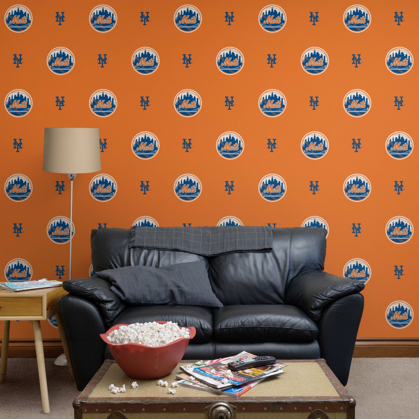 New York Mets (Orange): Logo Pattern - MLB Peel & Stick Wallpaper 12 x 12 Sample
