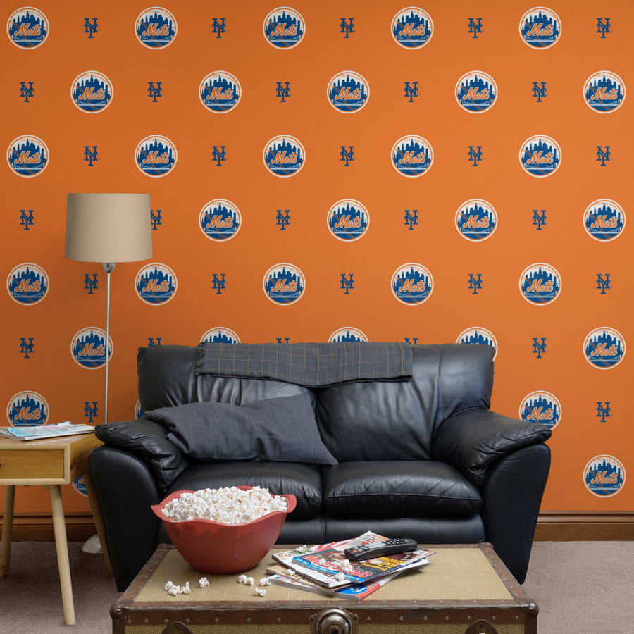 New York Mets (Orange) - Logo Pattern - Peel & Stick Wallpaper - Official MLB - Reusable Vinyl Wall Decals