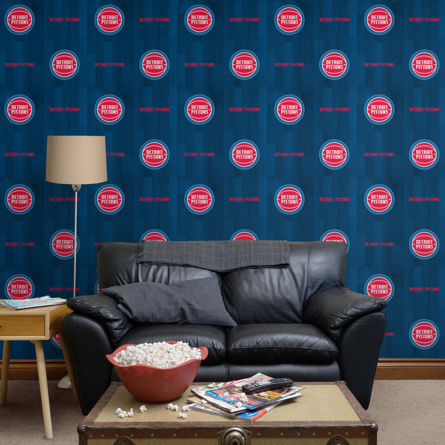 Detroit Pistons (Blue) - Hardwood Pattern - Peel & Stick Wallpaper - Official NBA - Reusable Vinyl Wall Decals