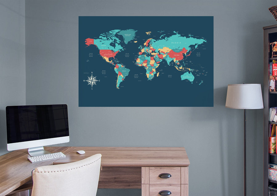 World Maps:  Colored Map Mural        -   Removable Wall   Adhesive Decal