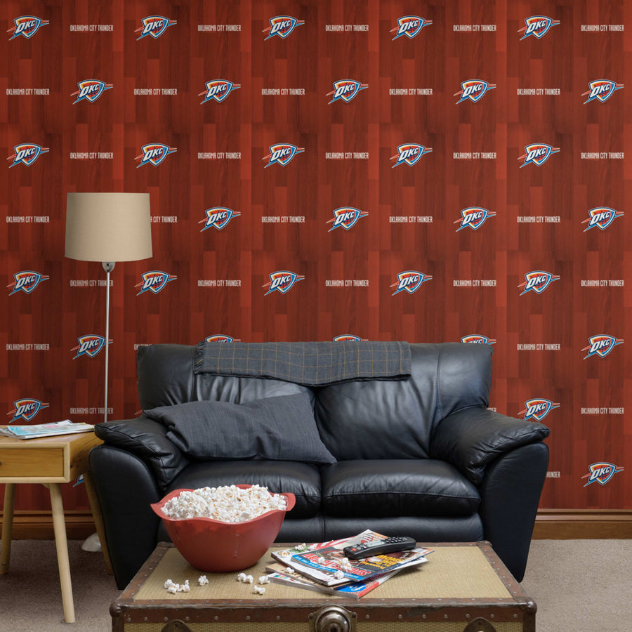 Oklahoma City Thunder (Orange) - Hardwood Pattern - Peel & Stick Wallpaper - Official NBA - Reusable Vinyl Wall Decals
